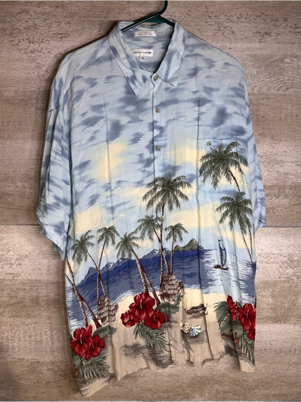 Vintage Pierre Cardin Hawaiian Shirt XXL 100% Rayon Tropical Island Scene